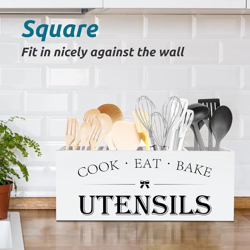 Suli Extra Large Kitchen Utensils Holder with 4 Compartments, Wooden Utensil Organizer for Countertop, Farmhouse Kitchen Decor, Rustic Cooking Utensil - White - Image 5